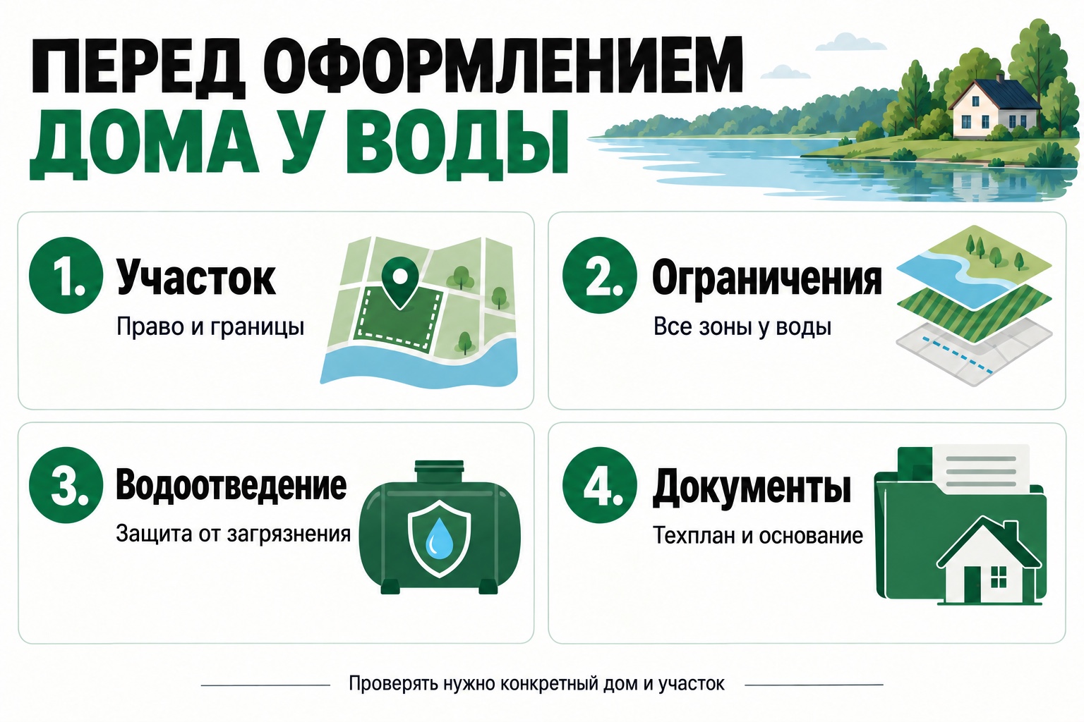 Четыре проверки перед оформлением дома у воды: участок, ограничения, водоотведение и документы