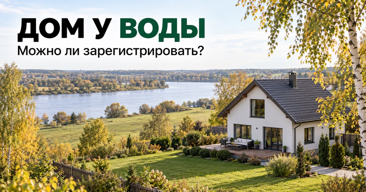 Частный дом на участке неподалёку от реки; обложка статьи об оформлении дома у воды