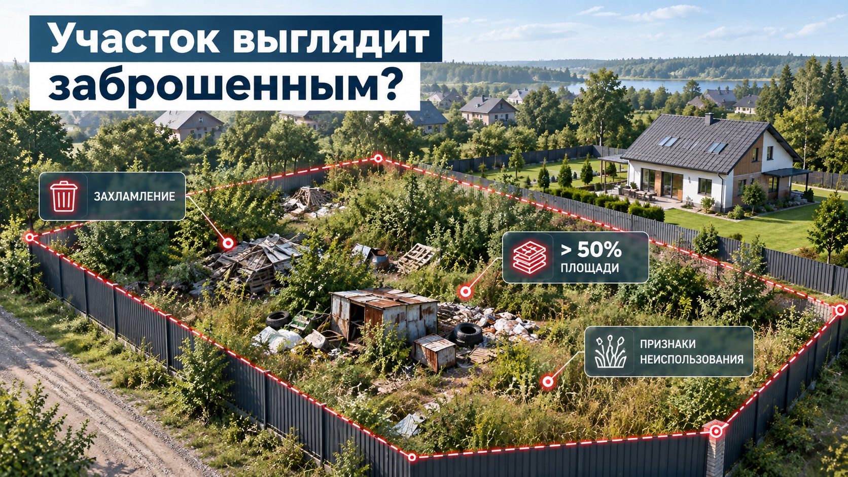 Участок выглядит заброшенным: захламление более 50% площади и признаки неиспользования